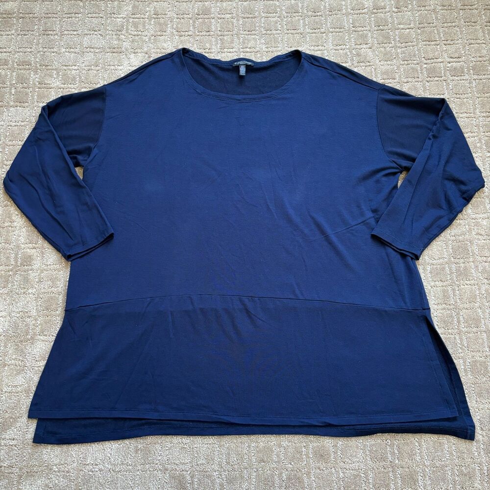 Eileen Fisher Tencel Tunic Top Women One Size Long Sleeve Blue Oversized Stretch